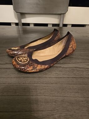 Tory Burch Snake-Print Reva Ballet Flats in Brown and Black with Gold Logo